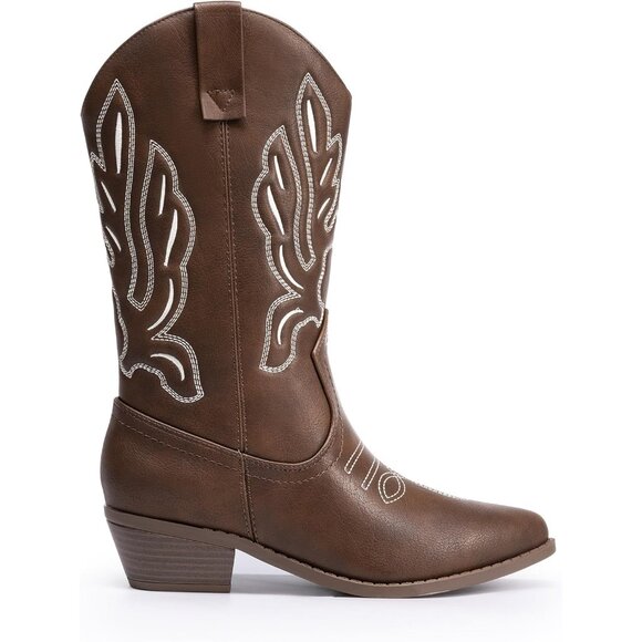 Women's Brown-PU Mid Calf Western Embroidery Stitched Faux Leather Cowgirl Boots - Picture 2 of 7